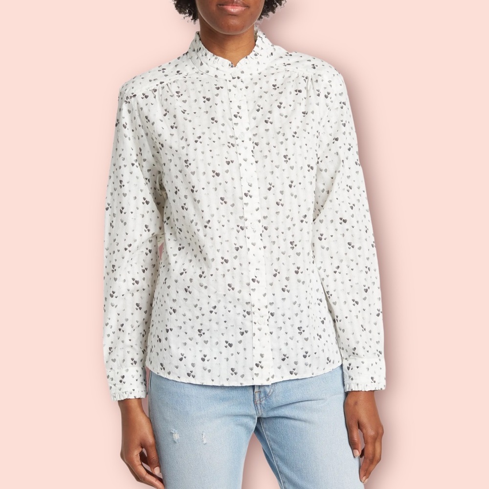 beachlunchlounge Jade Heart Print Collared Button Front Shirt Gray/White Small